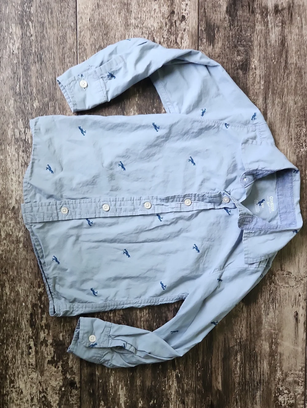 OshKosh B'gosh Light Blue Button-Down Shirt with Navy Dinosaur Embroidery Size 5